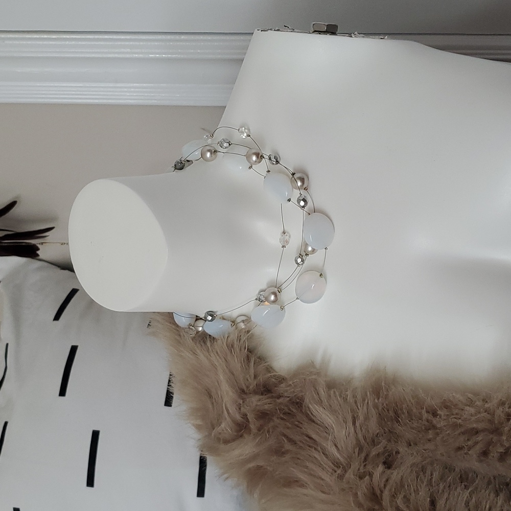 European Beaded Selenite White + Metallic Choker Tripple Layer Necklace